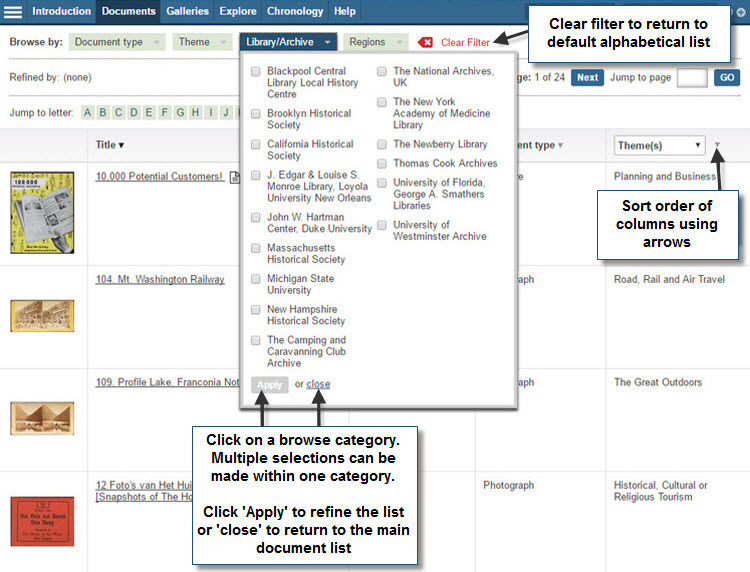 Screenshot showing the main document list with the 'Library/Archive' browse category list open. Users can make multiple selections within one browse category and must click 'Apply' to refine the list, or 'close' to return to the main list. Users can sort columns by clicking the arrows next to the column headings and are able to clear any filters using the 'Clear Filter' button at the top of the list.